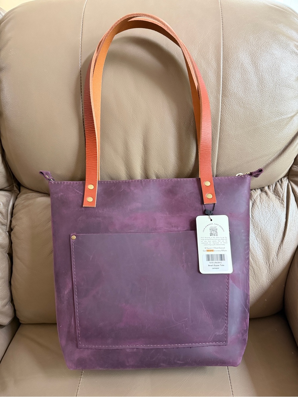 Portland Leather Small Zipper LeatherTote Bag NWT Larkspur